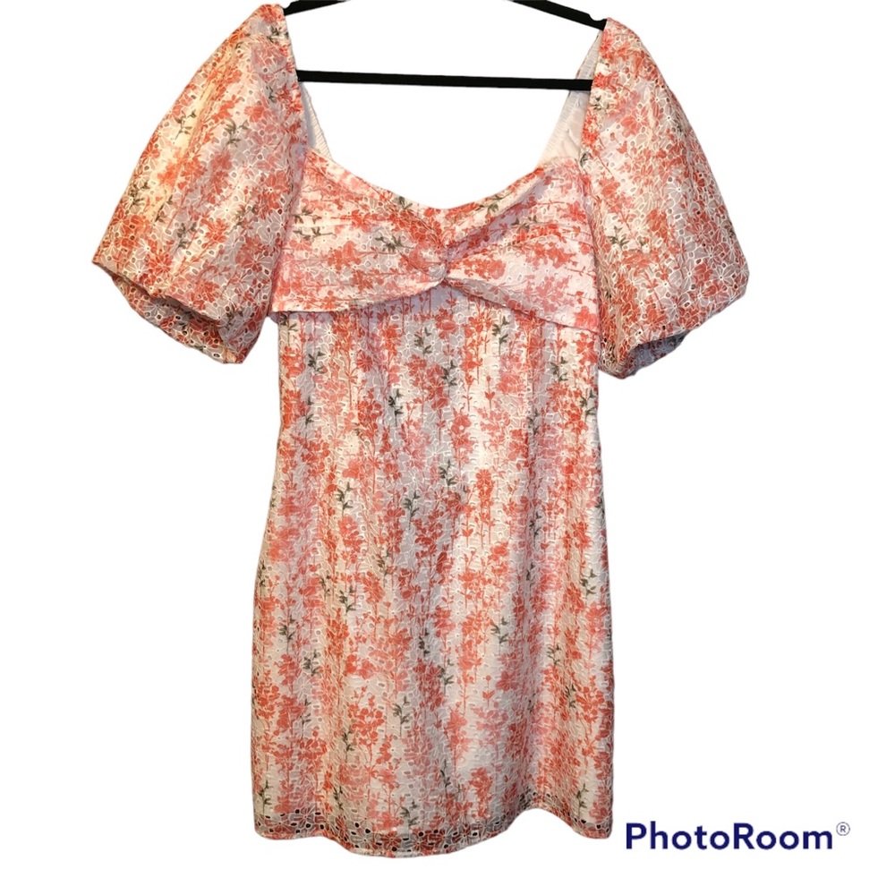 Adelyn Rae Floral Lace Coral Dress with Puffy Sleeves Size Large Cottagecore